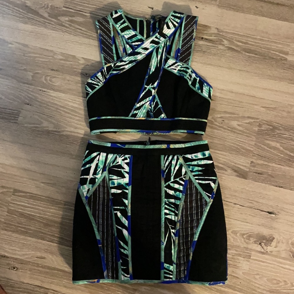 BCBG two-piece crop top and skirt